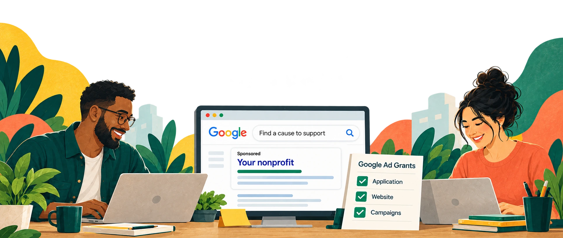 Illustration of marketing specialists managing a nonprofit search campaign, with a Google Ad Grants application, website and campaigns checklist.